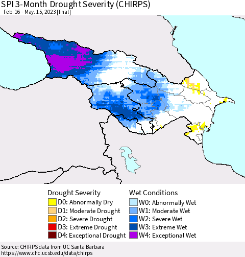 Azerbaijan, Armenia and Georgia SPI 3-Month Drought Severity (CHIRPS) Thematic Map For 2/16/2023 - 5/15/2023