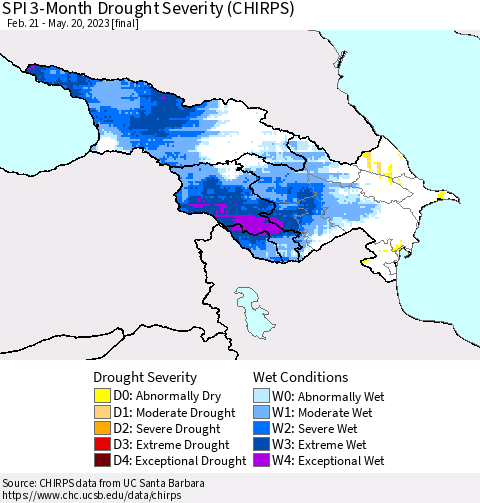 Azerbaijan, Armenia and Georgia SPI 3-Month Drought Severity (CHIRPS) Thematic Map For 2/21/2023 - 5/20/2023