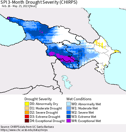 Azerbaijan, Armenia and Georgia SPI 3-Month Drought Severity (CHIRPS) Thematic Map For 2/26/2023 - 5/25/2023