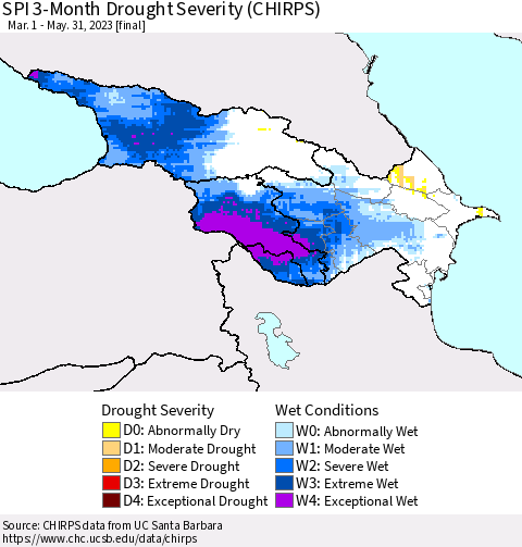 Azerbaijan, Armenia and Georgia SPI 3-Month Drought Severity (CHIRPS) Thematic Map For 3/1/2023 - 5/31/2023