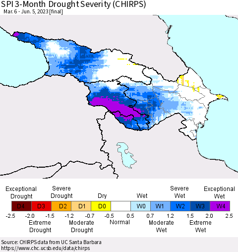 Azerbaijan, Armenia and Georgia SPI 3-Month Drought Severity (CHIRPS) Thematic Map For 3/6/2023 - 6/5/2023