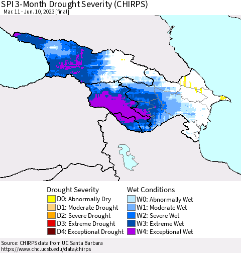 Azerbaijan, Armenia and Georgia SPI 3-Month Drought Severity (CHIRPS) Thematic Map For 3/11/2023 - 6/10/2023