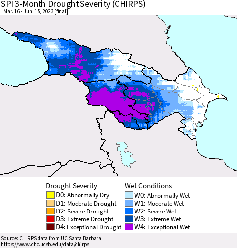 Azerbaijan, Armenia and Georgia SPI 3-Month Drought Severity (CHIRPS) Thematic Map For 3/16/2023 - 6/15/2023