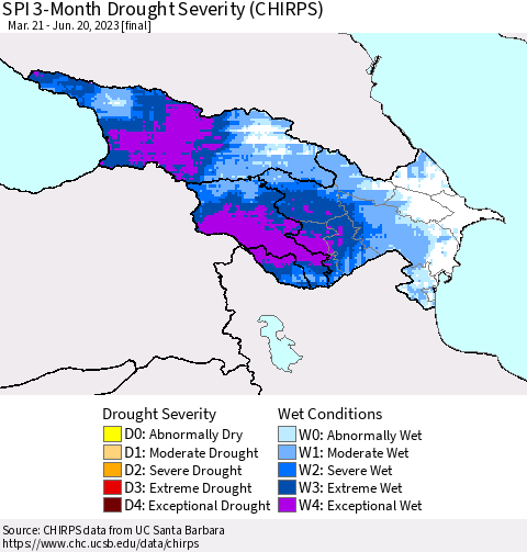Azerbaijan, Armenia and Georgia SPI 3-Month Drought Severity (CHIRPS) Thematic Map For 3/21/2023 - 6/20/2023