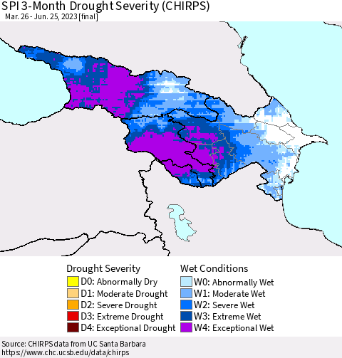 Azerbaijan, Armenia and Georgia SPI 3-Month Drought Severity (CHIRPS) Thematic Map For 3/26/2023 - 6/25/2023