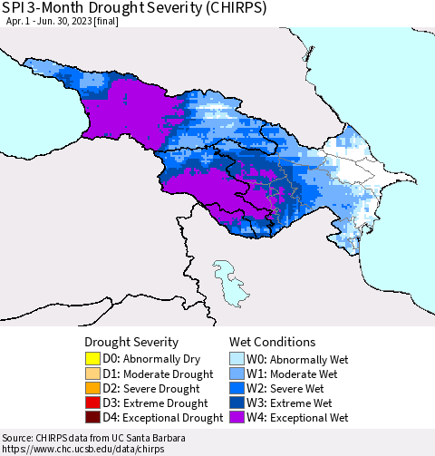 Azerbaijan, Armenia and Georgia SPI 3-Month Drought Severity (CHIRPS) Thematic Map For 4/1/2023 - 6/30/2023