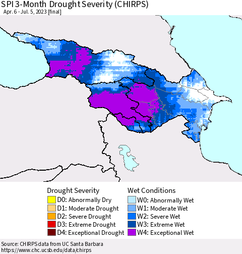 Azerbaijan, Armenia and Georgia SPI 3-Month Drought Severity (CHIRPS) Thematic Map For 4/6/2023 - 7/5/2023