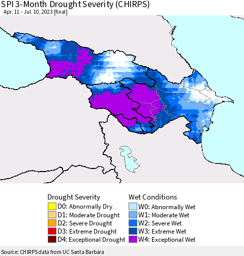 Azerbaijan, Armenia and Georgia SPI 3-Month Drought Severity (CHIRPS) Thematic Map For 4/11/2023 - 7/10/2023