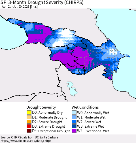 Azerbaijan, Armenia and Georgia SPI 3-Month Drought Severity (CHIRPS) Thematic Map For 4/21/2023 - 7/20/2023