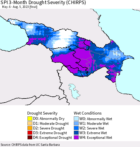 Azerbaijan, Armenia and Georgia SPI 3-Month Drought Severity (CHIRPS) Thematic Map For 5/6/2023 - 8/5/2023