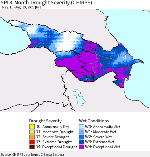Azerbaijan, Armenia and Georgia SPI 3-Month Drought Severity (CHIRPS) Thematic Map For 5/11/2023 - 8/10/2023