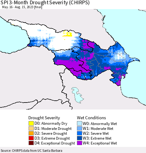 Azerbaijan, Armenia and Georgia SPI 3-Month Drought Severity (CHIRPS) Thematic Map For 5/16/2023 - 8/15/2023