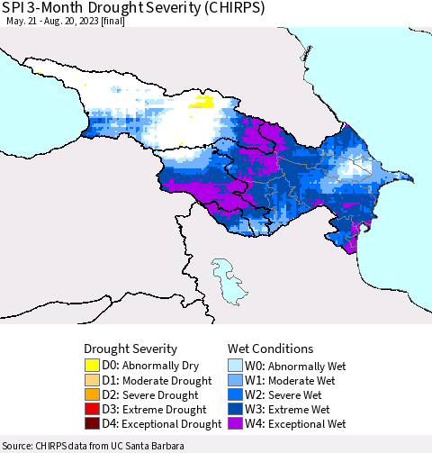 Azerbaijan, Armenia and Georgia SPI 3-Month Drought Severity (CHIRPS) Thematic Map For 5/21/2023 - 8/20/2023