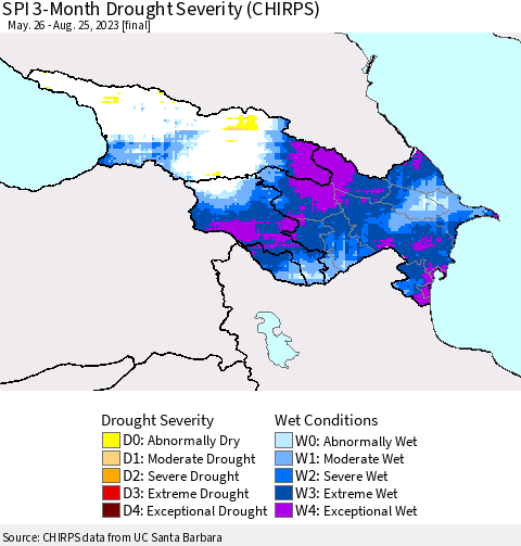 Azerbaijan, Armenia and Georgia SPI 3-Month Drought Severity (CHIRPS) Thematic Map For 5/26/2023 - 8/25/2023