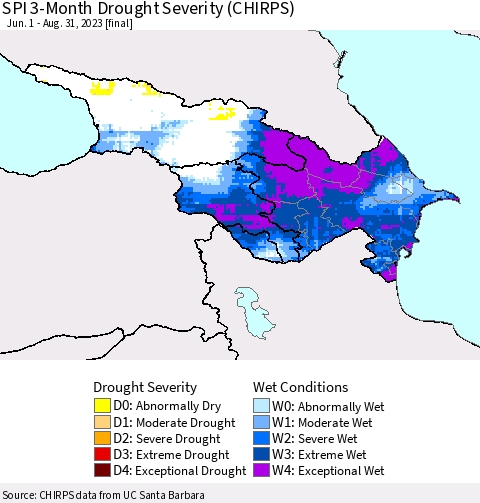 Azerbaijan, Armenia and Georgia SPI 3-Month Drought Severity (CHIRPS) Thematic Map For 6/1/2023 - 8/31/2023