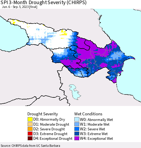 Azerbaijan, Armenia and Georgia SPI 3-Month Drought Severity (CHIRPS) Thematic Map For 6/6/2023 - 9/5/2023