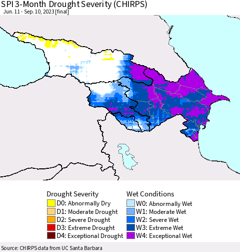 Azerbaijan, Armenia and Georgia SPI 3-Month Drought Severity (CHIRPS) Thematic Map For 6/11/2023 - 9/10/2023
