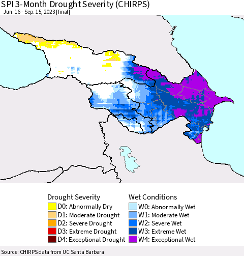 Azerbaijan, Armenia and Georgia SPI 3-Month Drought Severity (CHIRPS) Thematic Map For 6/16/2023 - 9/15/2023