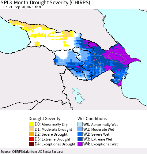 Azerbaijan, Armenia and Georgia SPI 3-Month Drought Severity (CHIRPS) Thematic Map For 6/21/2023 - 9/20/2023