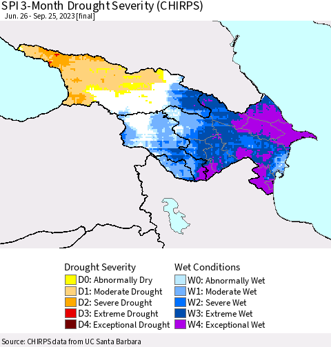 Azerbaijan, Armenia and Georgia SPI 3-Month Drought Severity (CHIRPS) Thematic Map For 6/26/2023 - 9/25/2023