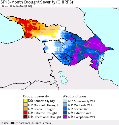 Azerbaijan, Armenia and Georgia SPI 3-Month Drought Severity (CHIRPS) Thematic Map For 7/1/2023 - 9/30/2023