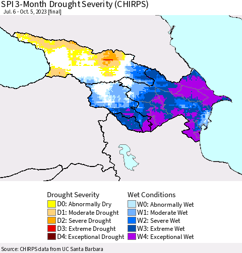 Azerbaijan, Armenia and Georgia SPI 3-Month Drought Severity (CHIRPS) Thematic Map For 7/6/2023 - 10/5/2023