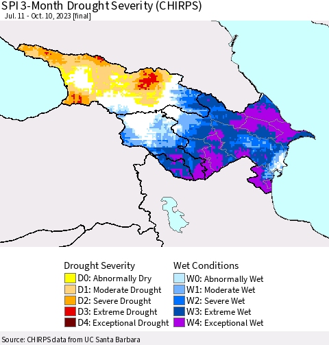 Azerbaijan, Armenia and Georgia SPI 3-Month Drought Severity (CHIRPS) Thematic Map For 7/11/2023 - 10/10/2023