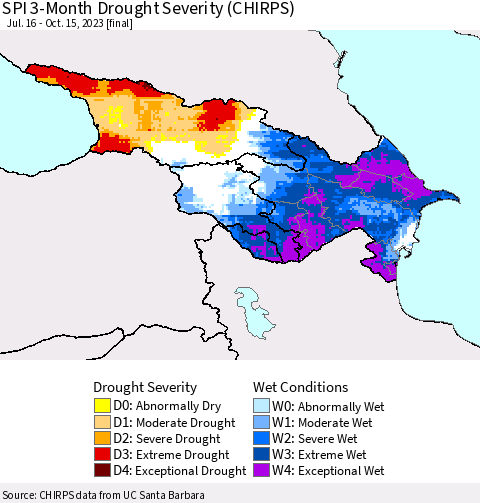 Azerbaijan, Armenia and Georgia SPI 3-Month Drought Severity (CHIRPS) Thematic Map For 7/16/2023 - 10/15/2023