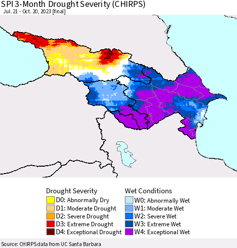 Azerbaijan, Armenia and Georgia SPI 3-Month Drought Severity (CHIRPS) Thematic Map For 7/21/2023 - 10/20/2023