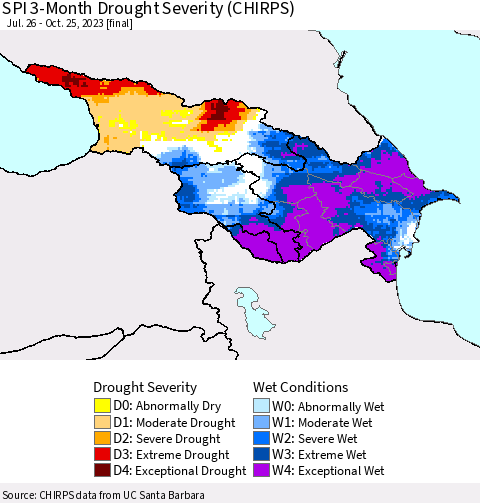 Azerbaijan, Armenia and Georgia SPI 3-Month Drought Severity (CHIRPS) Thematic Map For 7/26/2023 - 10/25/2023