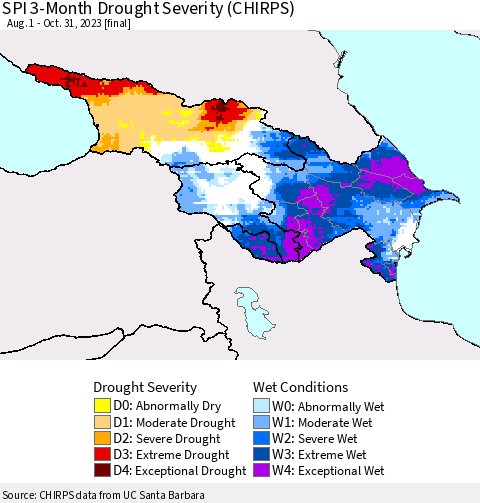 Azerbaijan, Armenia and Georgia SPI 3-Month Drought Severity (CHIRPS) Thematic Map For 8/1/2023 - 10/31/2023