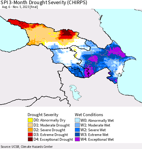 Azerbaijan, Armenia and Georgia SPI 3-Month Drought Severity (CHIRPS) Thematic Map For 8/6/2023 - 11/5/2023