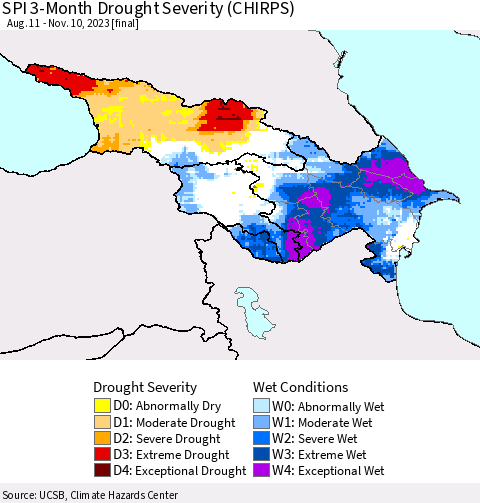 Azerbaijan, Armenia and Georgia SPI 3-Month Drought Severity (CHIRPS) Thematic Map For 8/11/2023 - 11/10/2023