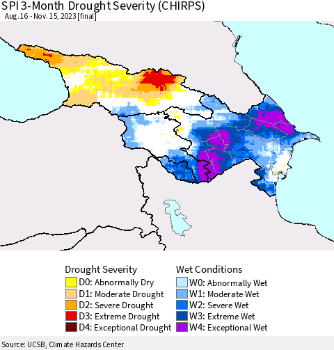 Azerbaijan, Armenia and Georgia SPI 3-Month Drought Severity (CHIRPS) Thematic Map For 8/16/2023 - 11/15/2023