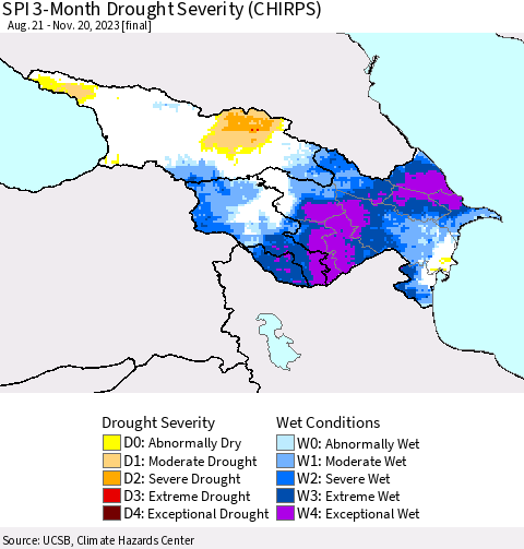 Azerbaijan, Armenia and Georgia SPI 3-Month Drought Severity (CHIRPS) Thematic Map For 8/21/2023 - 11/20/2023