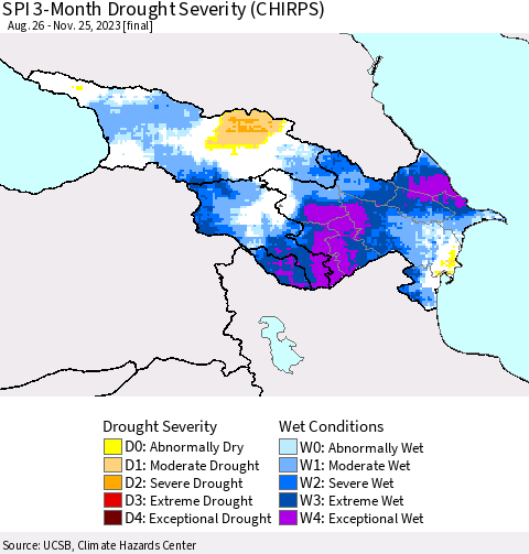 Azerbaijan, Armenia and Georgia SPI 3-Month Drought Severity (CHIRPS) Thematic Map For 8/26/2023 - 11/25/2023