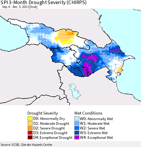 Azerbaijan, Armenia and Georgia SPI 3-Month Drought Severity (CHIRPS) Thematic Map For 9/6/2023 - 12/5/2023