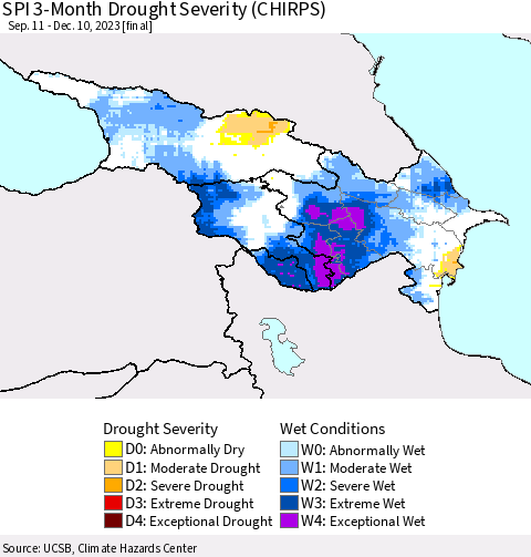 Azerbaijan, Armenia and Georgia SPI 3-Month Drought Severity (CHIRPS) Thematic Map For 9/11/2023 - 12/10/2023