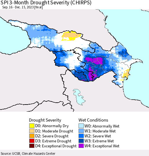 Azerbaijan, Armenia and Georgia SPI 3-Month Drought Severity (CHIRPS) Thematic Map For 9/16/2023 - 12/15/2023