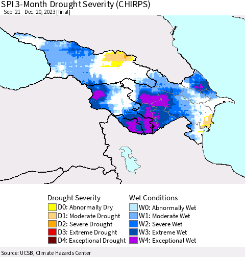 Azerbaijan, Armenia and Georgia SPI 3-Month Drought Severity (CHIRPS) Thematic Map For 9/21/2023 - 12/20/2023
