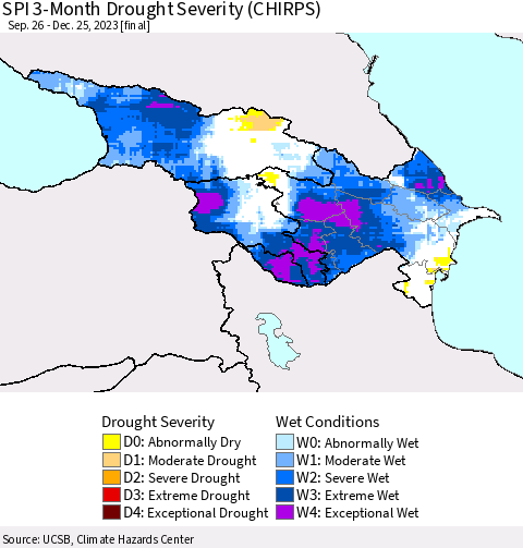 Azerbaijan, Armenia and Georgia SPI 3-Month Drought Severity (CHIRPS) Thematic Map For 9/26/2023 - 12/25/2023
