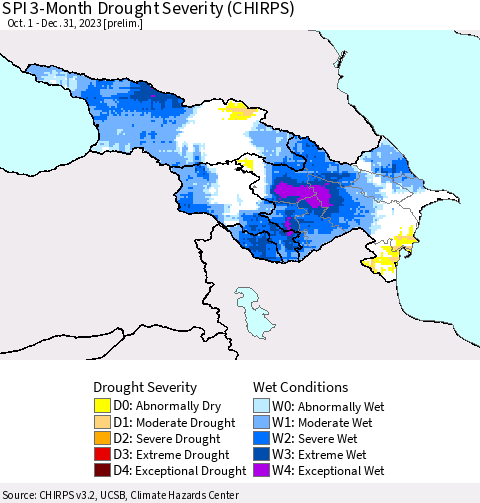 Azerbaijan, Armenia and Georgia SPI 3-Month Drought Severity (CHIRPS) Thematic Map For 10/1/2023 - 12/31/2023