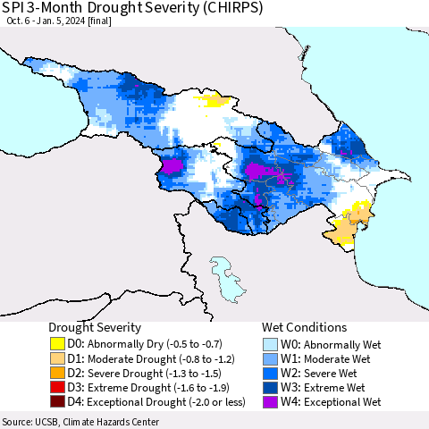 Azerbaijan, Armenia and Georgia SPI 3-Month Drought Severity (CHIRPS) Thematic Map For 10/6/2023 - 1/5/2024