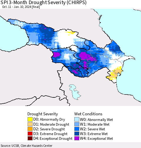 Azerbaijan, Armenia and Georgia SPI 3-Month Drought Severity (CHIRPS) Thematic Map For 10/11/2023 - 1/10/2024
