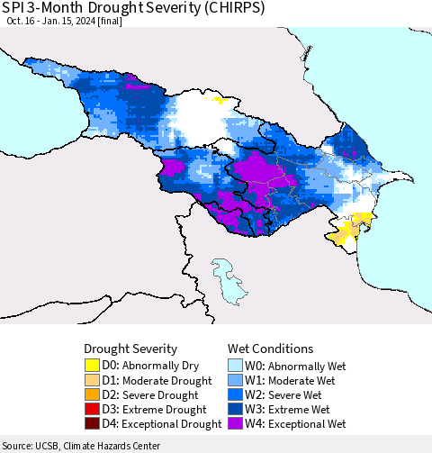 Azerbaijan, Armenia and Georgia SPI 3-Month Drought Severity (CHIRPS) Thematic Map For 10/16/2023 - 1/15/2024