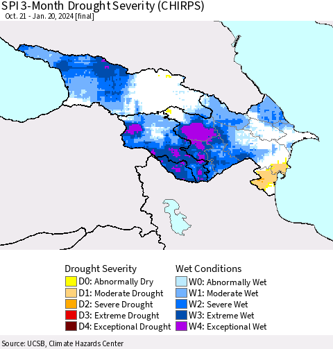 Azerbaijan, Armenia and Georgia SPI 3-Month Drought Severity (CHIRPS) Thematic Map For 10/21/2023 - 1/20/2024