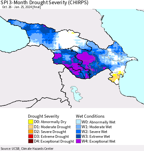 Azerbaijan, Armenia and Georgia SPI 3-Month Drought Severity (CHIRPS) Thematic Map For 10/26/2023 - 1/25/2024
