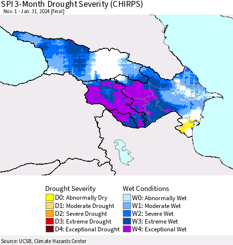 Azerbaijan, Armenia and Georgia SPI 3-Month Drought Severity (CHIRPS) Thematic Map For 11/1/2023 - 1/31/2024