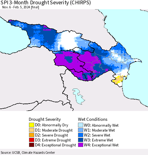 Azerbaijan, Armenia and Georgia SPI 3-Month Drought Severity (CHIRPS) Thematic Map For 11/6/2023 - 2/5/2024
