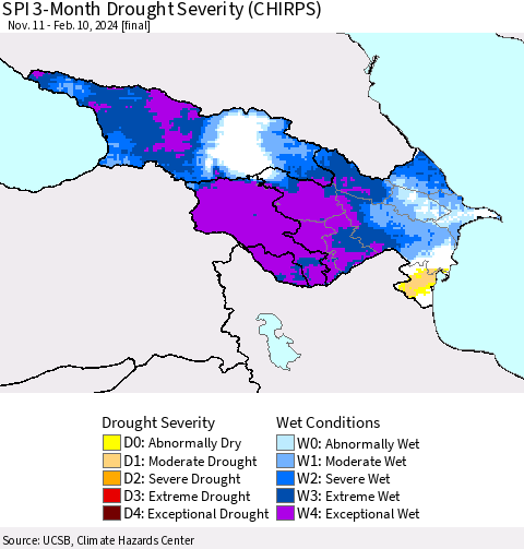 Azerbaijan, Armenia and Georgia SPI 3-Month Drought Severity (CHIRPS) Thematic Map For 11/11/2023 - 2/10/2024